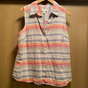 CJ Banks Women’s Striped Button Up Tank Linen Shirt Size X Costal Grandma